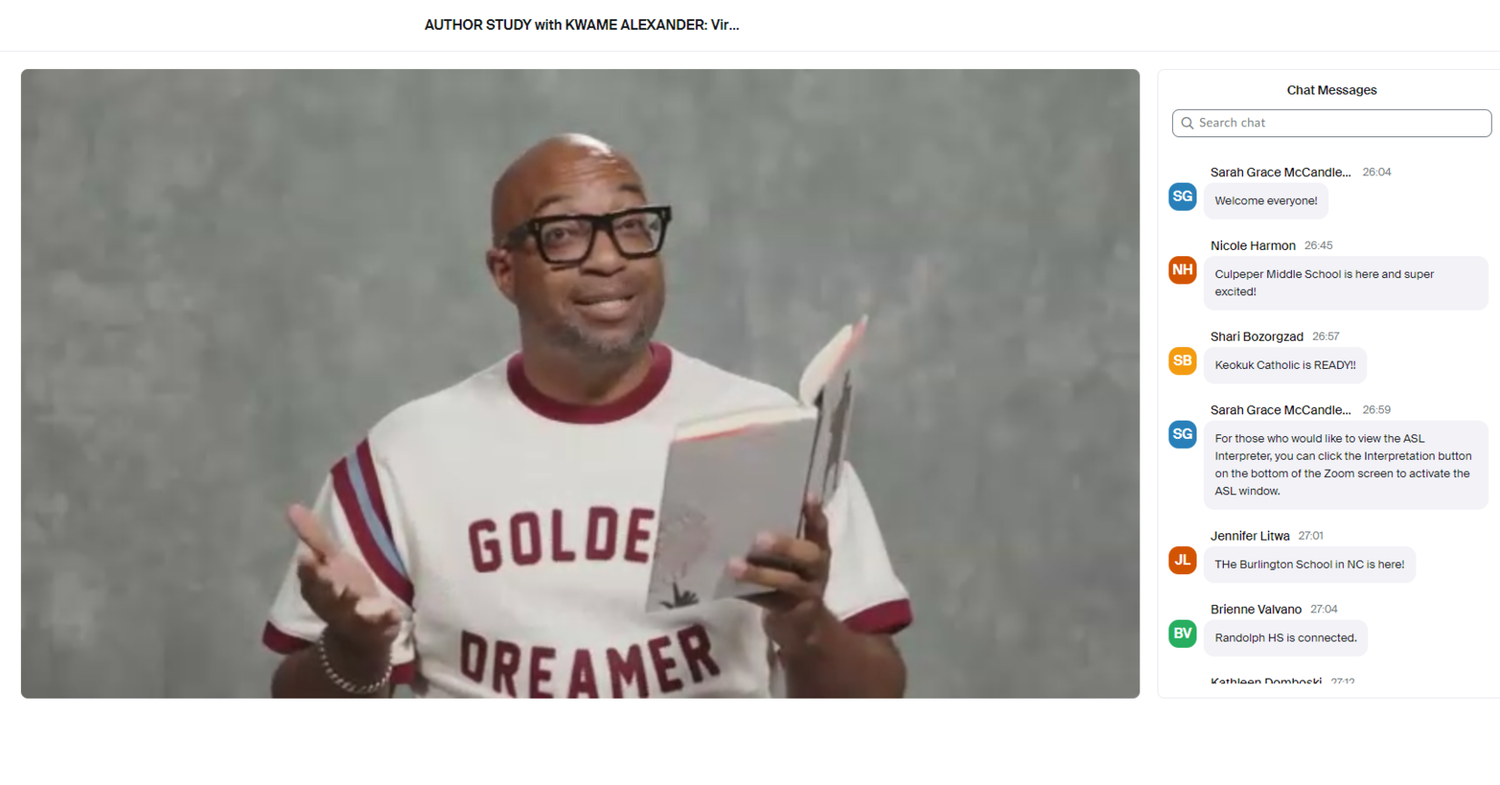 Kwame Alexander reading in a video window with an active chat happening next to it